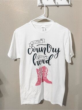 White "A Little Country A Little Hood" Graphic Tee with Pink Boots